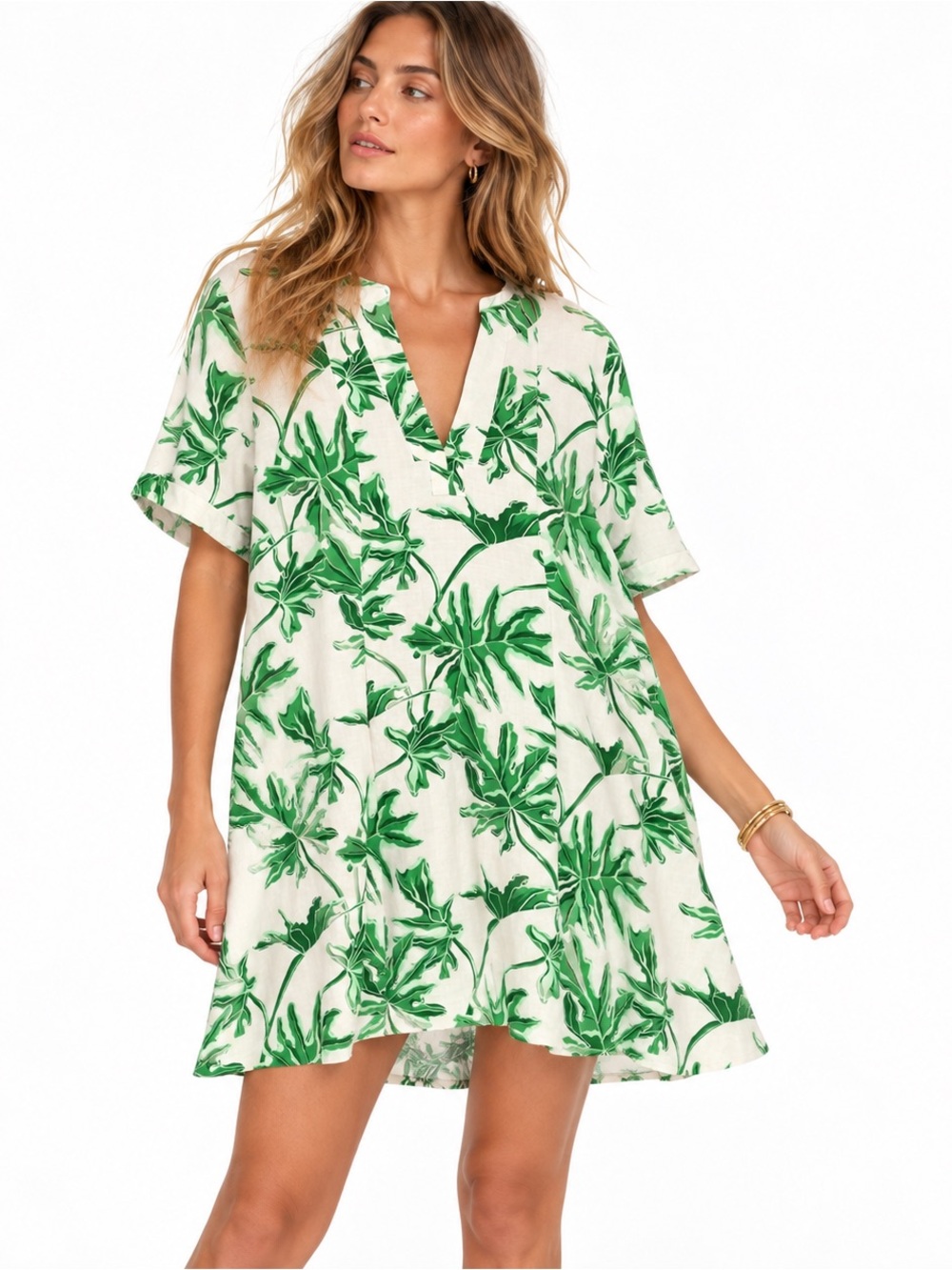 Emily McCarthy Womens Green Leaf Print Mini Dress Medium Linen Blend Resort Prep